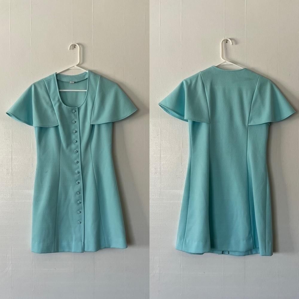 VINTAGE USA Union Made Blue Flutter Sleeve Button Up Dress - Picture 2 of 7